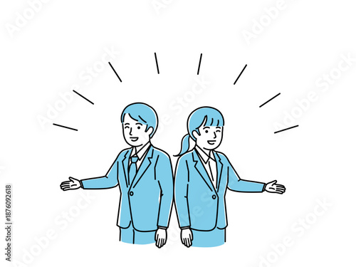 外側へ手を差し出して案内する背中合わせのスーツ男女ペア、ビジネス紹介のベクターイラスト