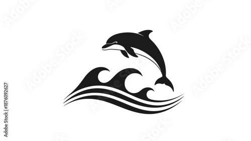 Elegant black silhouette of a dolphin leaping over stylized ocean waves in a clean minimalist graphic design style.