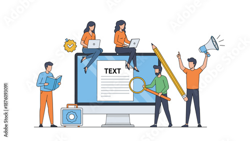 Team of professionals collaborating on content creation and digital marketing around a large desktop computer screen.