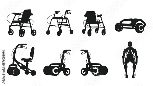 Collection of mobility scooter and wheelchair silhouettes with human figure