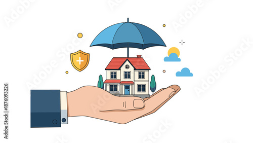 Illustration of a hand holding a house under a blue umbrella with a shield icon for property insurance and protection.