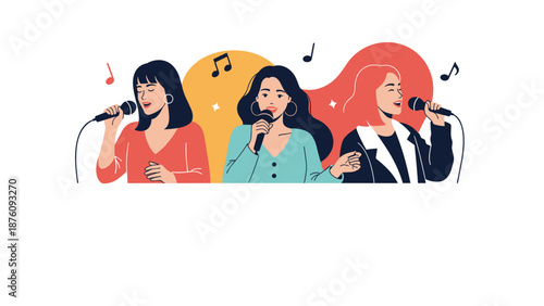 Group of three diverse young women singing passionately into microphones with music notes on a colorful background.