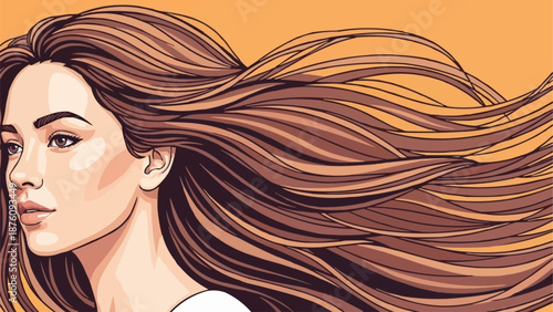 Woman With Long Wavy Brown Hair Blowing in Wind.