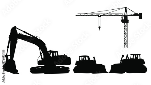 Silhouettes of heavy construction equipment on white background