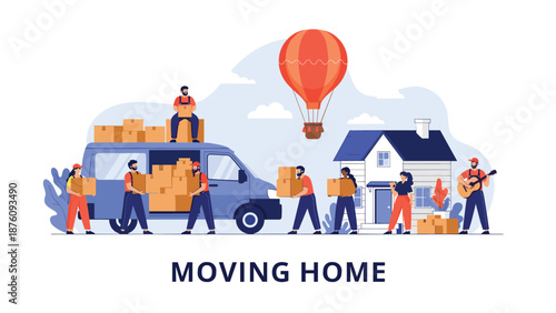 Large group of movers loading boxes into a blue van for a residential relocation service near a house and balloon.