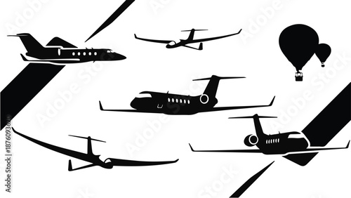 Silhouettes of various airplanes and helicopter in flight