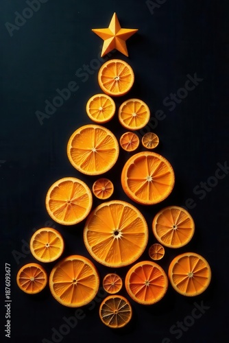 Dried orange slices form a festive Christmas tree silhouette against a dark background , still life, seasonal