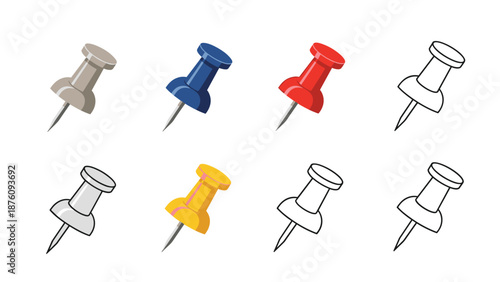 Collection of push pins in various colors like grey blue red gold and outlines for office and stationery design.