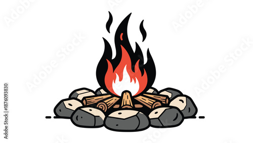 Artistic illustration of a warm campfire with burning wood logs surrounded by stones on a clean white background.