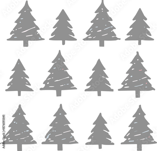 Minimal Scandinavian Christmas Tree Pattern with Hand Drawn Fir Silhouettes in Soft Gray Winter Style