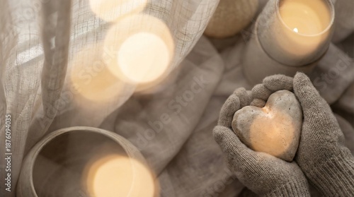 Cozy Winter Scene Hands Holding Heart Shaped Candle Warm Bokeh Lights Soft Fabric Texture