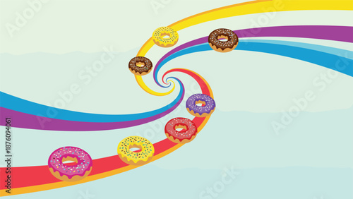 Whimsical illustration of various glazed donuts floating along colorful rainbow paths on a light blue background.