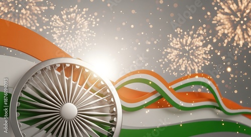 Indian Tricolor Wave with Ashoka Chakra and Fireworks  Republic Day Celebration Art