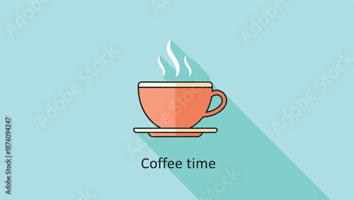 Minimalist flat design coffee cup icon with rising steam and long shadow on a teal background with text coffee time.