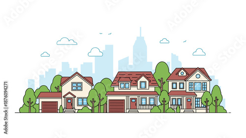 Peaceful suburban neighborhood scene with several residential houses and green trees against a distant city skyline.