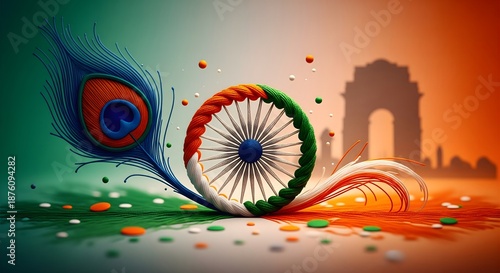 Artistic Ashoka Chakra with Tricolor Splash and Peacock Feather  Republic Day Concept
