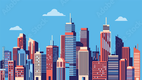 Modern urban cityscape with various skyscrapers and office buildings in red and blue shades under a bright sky.