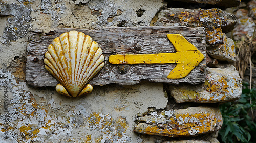 Camino de santiago scallop shell and yellow arrow on stone wall