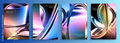 Vibrant abstract colorful glassy ribbons of light shapes for modern cover poster background design set, Dynamic abstract artwork featuring luminous glass-like ribbons and flowing gradients.