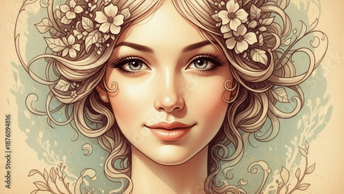 Beautiful woman with floral hair adornment and curly blonde hair