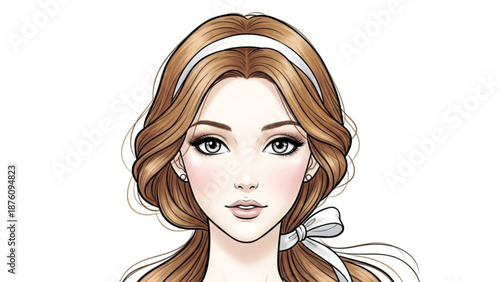 Beautiful young woman with long brown hair and white headband