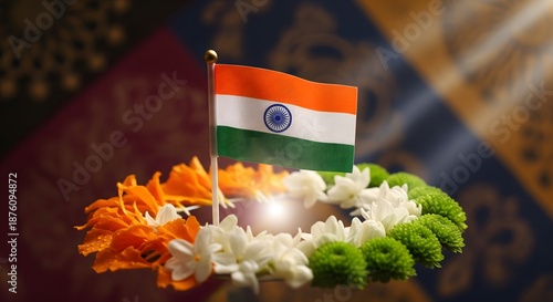Indian Tricolor Flag with Floral Tribute and Oil Lamp  Patriotic Republic Day Decor