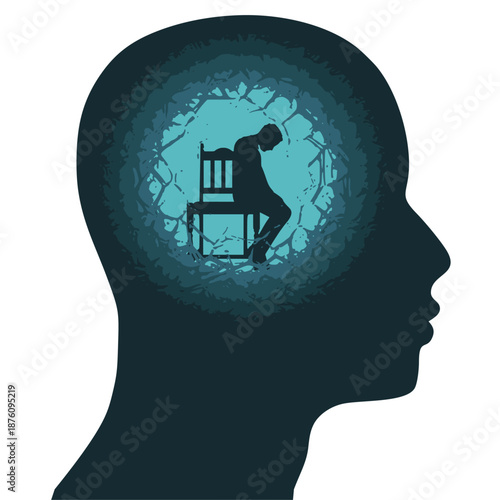 Person siting inside a head. Psychological and mental health symbol of mental prison and restriction. Fixed mindset.