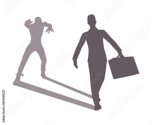Difference between energy and mood level. Businessman in two versions tired and active. Ready to work and burnout comparison. Businessman walking with briefcase and casting shadow of zombie.