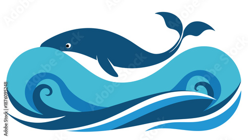 Stylized graphic illustration depicts a deep blue whale breaching dramatically through stylized vibrant turquoise ocean waves