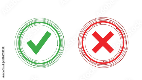 Pair of green checkmark and red cross symbols inside circular tech style frames for approval and rejection concepts.