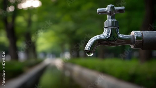 Shiny metal faucet water drop outdoor tap stainless steel dripping water blurred park background green foliage shallow depth of field chrome finish single spout dripping metal faucet over blurred