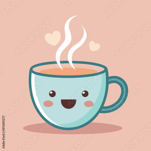 Adorable kawaii coffee cup illustration featuring steam and small floating hearts for a happy beverage design
