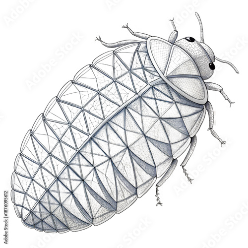 Close-up of a beetle pupa case showcasing geometric segment ridges, ideal for educational and scientific use.