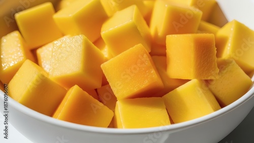 Photorealistic Close-Up of a Bowl of Ripe Mango Cubes, Juicy Texture with Natural Color Variation and Light Moisture on Surface