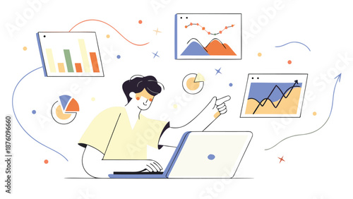 Vector illustration of a man working on laptop with graphs and charts, data analysis or infographic elements, for website or presentation