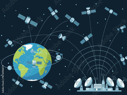 Satellite communication network orbiting the earth with multiple satellites and ground stations facilitating global data transmission and connectivity