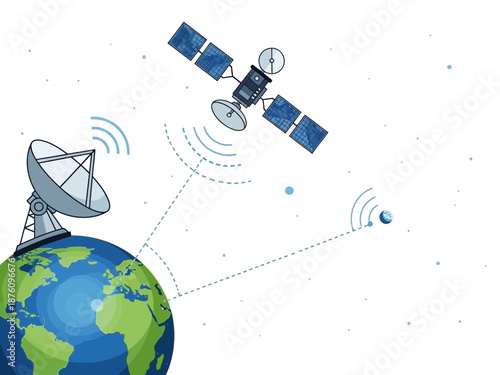 Satellite communication system transmitting data between earth and space through a network of satellites and antennas in orbit around the planet.