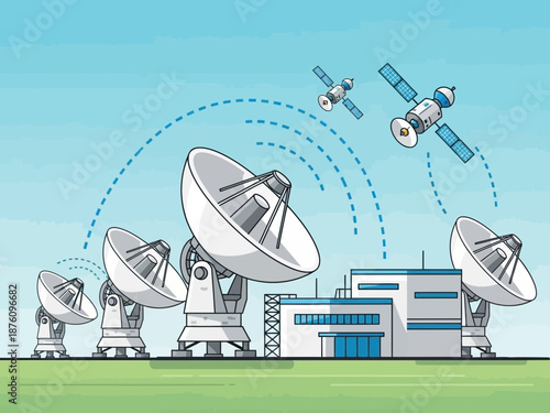 Satellite communication system with multiple large dishes and satellites orbiting in space for data transmission and reception