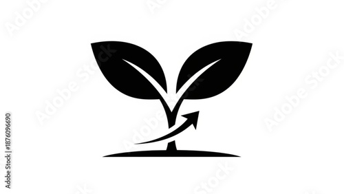 Black sprout icon with growing leaves and arrow on white