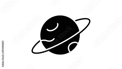 Minimalist black planet icon with ring and moon on white background