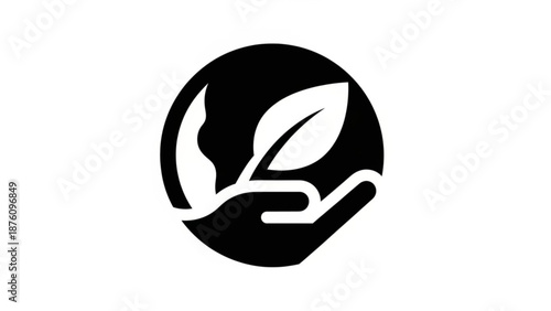 Hand holding leaves in circle eco friendly symbol black and white