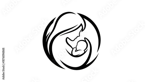 Mother and baby silhouette icon simple line art design element white