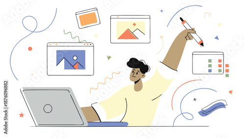 Vector illustration of a person working on a laptop with creative design elements, for website or presentation