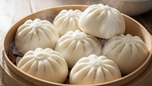Realistic Food Photography of Steamed White Buns, Soft Fluffy Texture with Light Steam Rising in Bamboo Steamer Basket