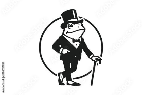 Vintage style frog mascot character wearing a top hat and suit.