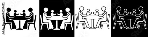 Family dining together icon graphic: Parents and children sharing a meal