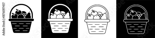 Simple line art illustration of a basket overflowing with fresh, ripe fruits like apples, oranges, and pears.