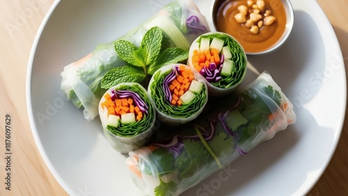 Photorealistic Overhead Food Shot of Fresh Vegetable Spring Rolls, Crisp Wrappers with Colorful Vegetable Filling Visible