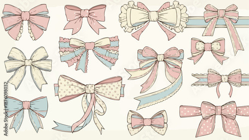 Collection of decorative bows and ribbons in pastel colors.