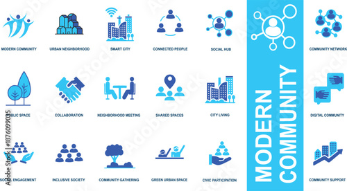 Modern Community Icon Set for Social Networking and Smart City Development, Blue Vector Symbols for Urban Living, Collaboration, Digital Society, and Human Connection.